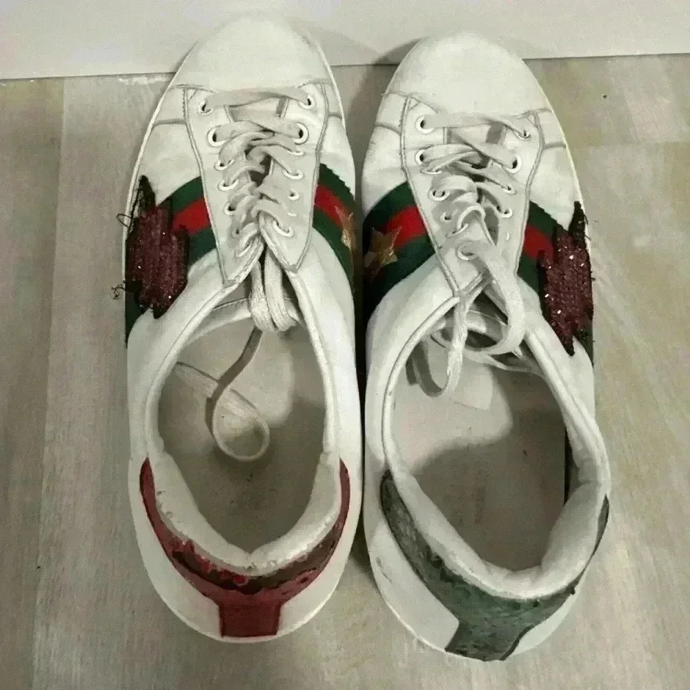 Gucci White Leather Ace Sneakers Lightning Bolt Star Red Green Mens Size 8G